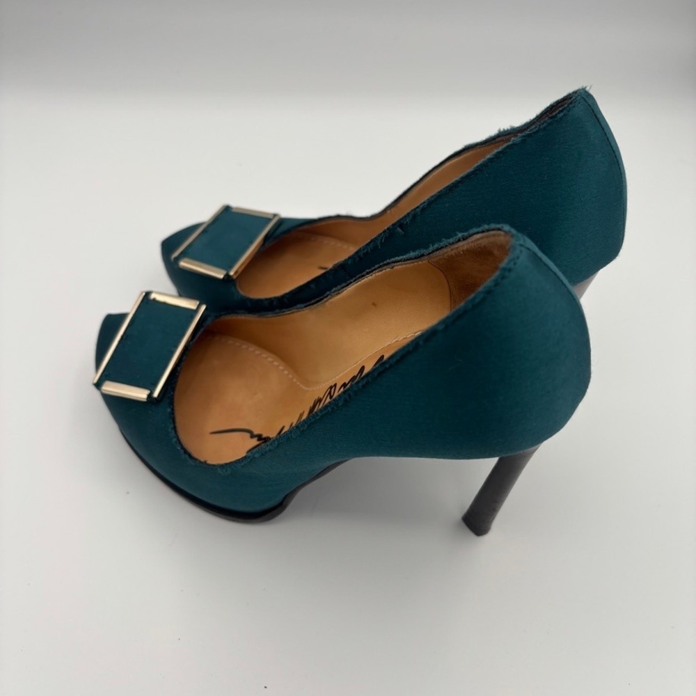 Lanvin Platform Pumps Women Sz 39 Teal Satin Buckle Stiletto Heel Luxury - Picture 10 of 16